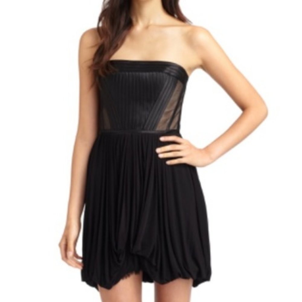 BCBGMAXAZRIA Reyna Strapless Bustier Lace Pleated Dress